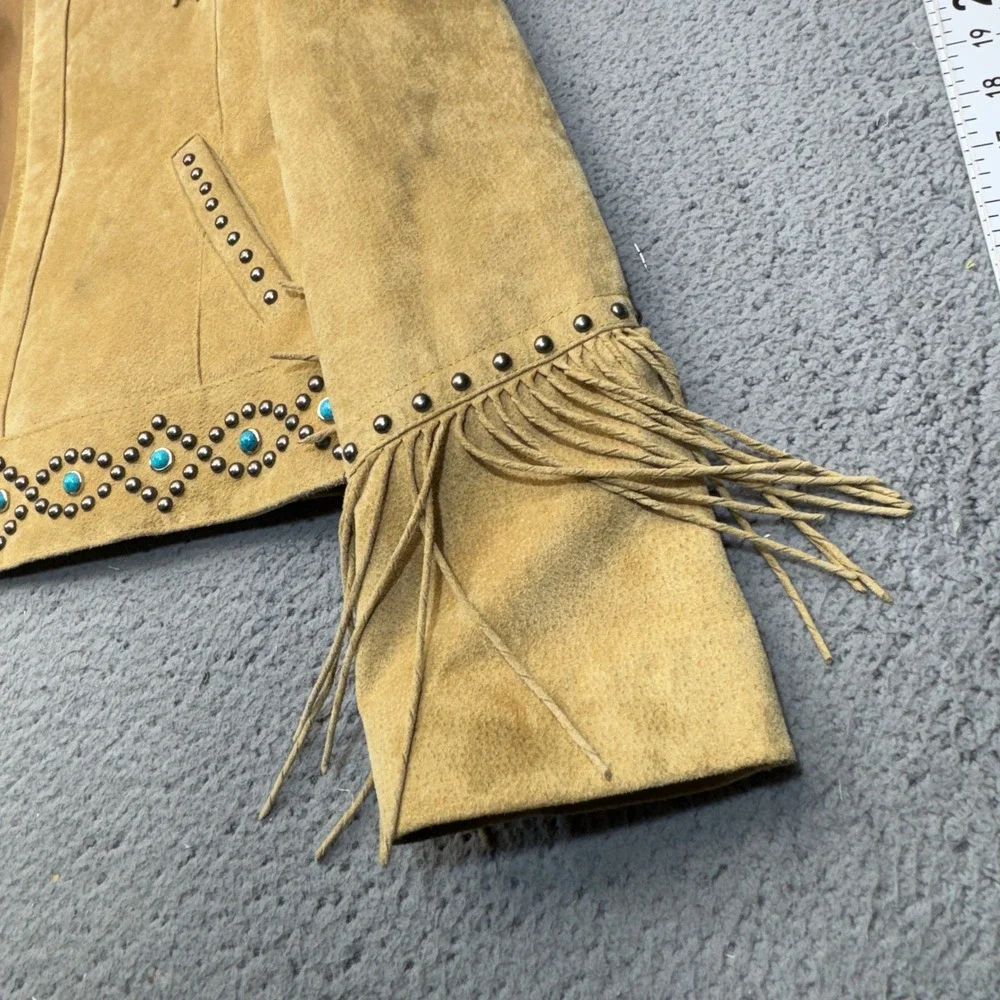 Scully Leather Fringe Jacket Womens XL Tan Suede Studded Turquoise Western Boho